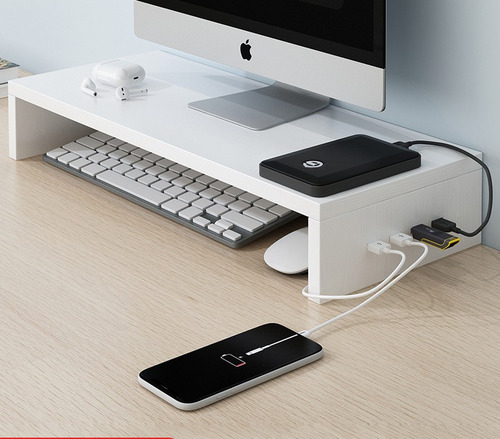 Base Elevador Monitor Soporte 2 Niveles Con Carga Usb Blanco
