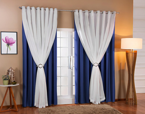 Cortina Voil Forro Blackout Tecido 4,00x2,50 Azul/branco