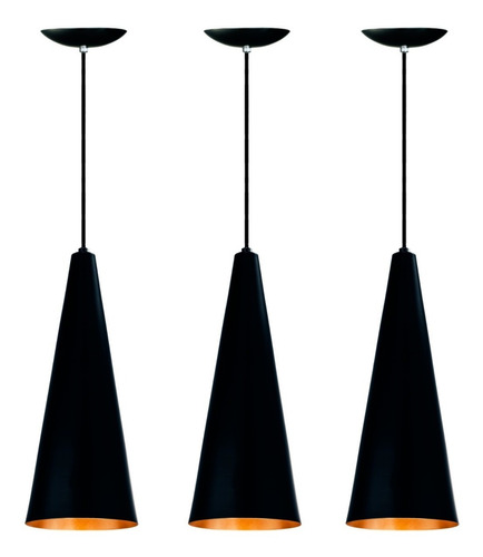 3 Lustres Pendentes Cone Merlin Preto Com Cobre Balcão E27 110V/220V (Bivolt)