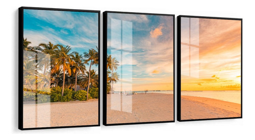 Quadros Decorativos Pôr Do Sol Praia Coqueiro Moldura Vidro