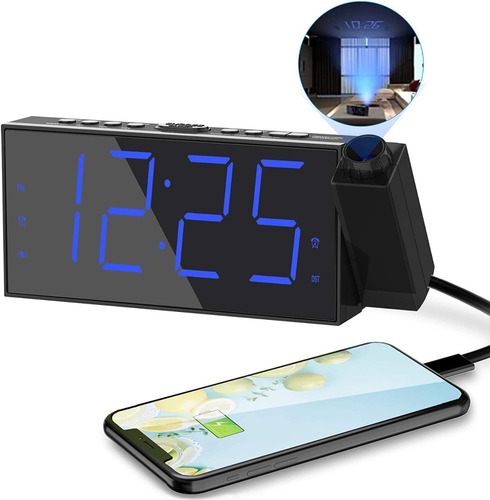Alarma atómica Snooze Projection con doble alarma, calendario, color negro, 110/220 V