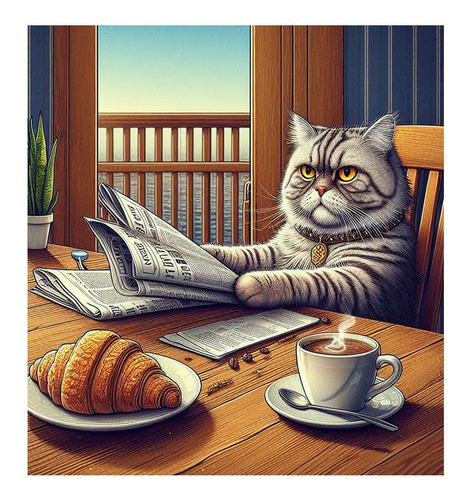 Vinilo 45x45cm Gato Enojado Leyendo El Diario Con Cafe