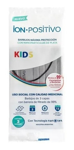 Imagen 2 de 6 de Barbijos Ion Positivo Kids / Niños Nanopartícula X 3u