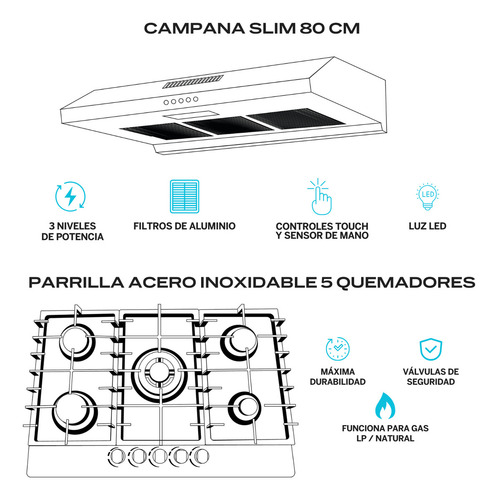 Combo Parrilla De Gas Y Campana 80 Cm | Ta80ma5 | Fline Color Gris