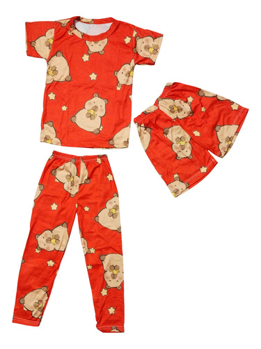 Pijama Infantil Sublimada 3 Pzas Capibara Rojo