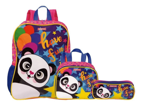 Kit Mochila Escolar Infantil Ursinho Panda 21m Costas Grande