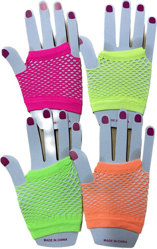 Combo 4 Pares Guantes Corto Red Fluo Brilla Luz Uv Cotillón