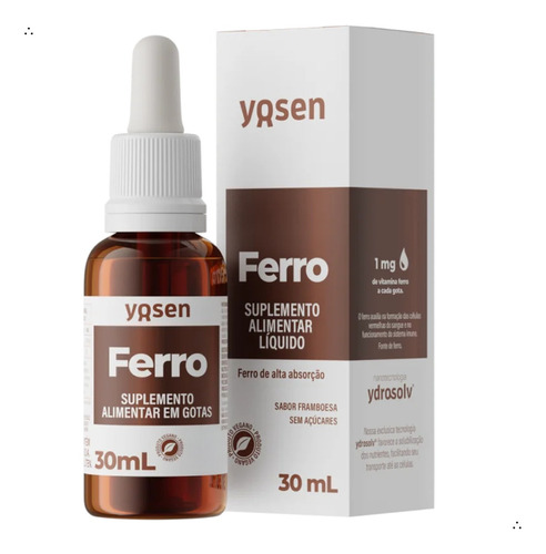 Ferro Bisglicinato Suplemento Líquido Ydrosolv® Yosen 30ml Sabor Framboesa