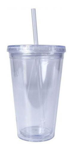 Vaso Doble Pared Transparente Tapa Popote Plastico 500ml 