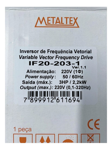 Inversor De Frequência If20-205 220v 3,7kw 5,0cv 16,5a Mono