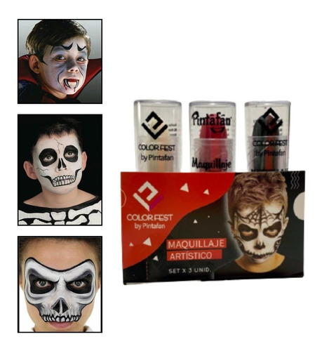 Kit Maquillaje Halloween Labial X 3 Negro Blanco Rojo Cara