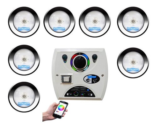 Kit Iluminação Para Piscina 7 Led Cob 10w + Comando Wi - Fi