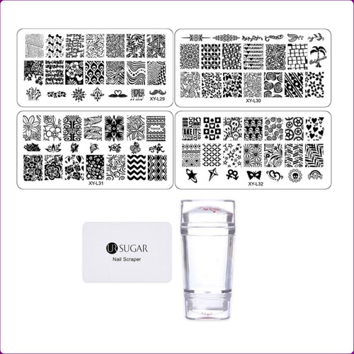 Kit Stamping Uñas 4 Placas Y Estampador Doble Goma