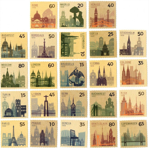 Set 46 Stickers Timbres Postales Londres Roma Venecia Paris