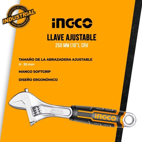 Llave Ajustable Perico 10 Softgrip Uso Industrial Ingco