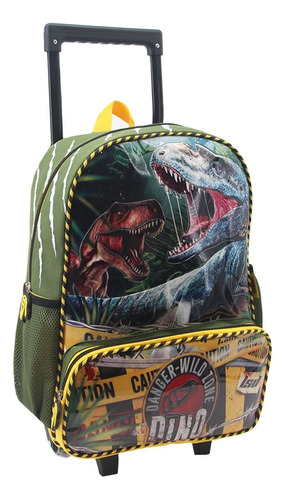 Mochila Carrito Escolar Dino Jurasic Infantil Niños Niñas Color Verde Musgo Diseño De La Tela Liso