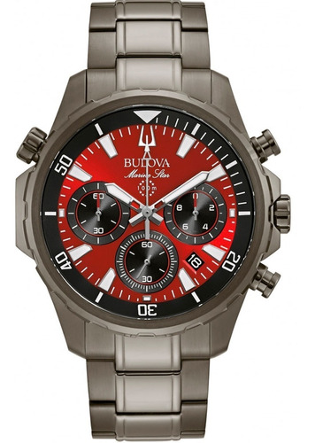 Reloj para hombre Bulova Marine Star Chronograph 98b350, color de la correa: gris oscuro, color del bisel, color plateado, color de fondo rojo