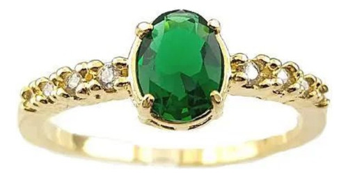 Anel Com Pedra Oval Verde E Zircônia Banho Ouro 18k