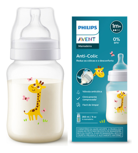 Mamadeira Clássica Anti-colic 260ml - Decorada Girafa