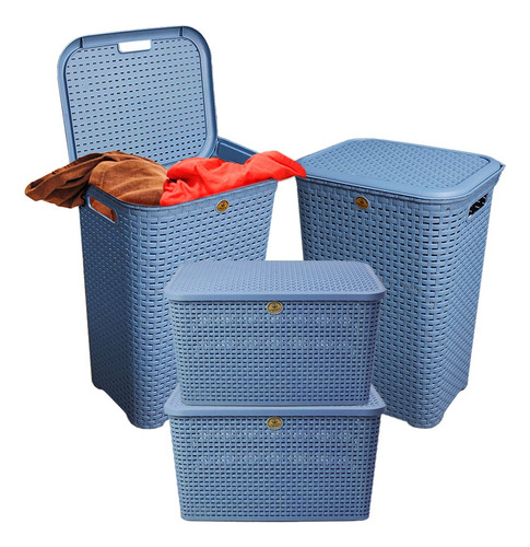 Paquete 4 Cestos Canastas Organizadores Con Tapa Ropa Color Azul Acero Liso