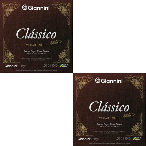Kit 2 Encordoamento Violão Giannini Nylon Bronze Genwxpa