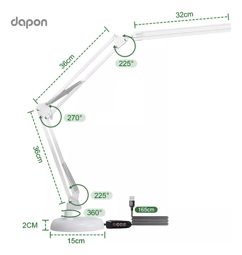 Dapon Lámpara De Escritorio Mesa Con Brazo Led 10 Modos 360° Oficina