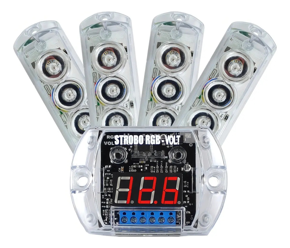 Kit Strobo Zendel Rgb Ultra Forte 4 Faróis C/ Voltímetro