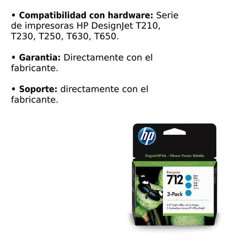 Imagen 3 de 5 de Cartucho De Tinta Hp Desingjet 712 Cian Pack De 3 29ml