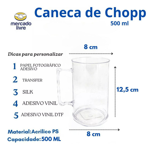 100 Caneca De Acrílico Chopp Transparente Cristal Lisa 500ml