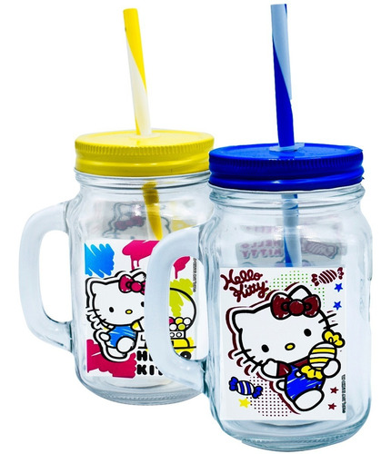 12 Vasos De Vidrio Mason Jar Hello Kitty Tapa Y Popote 450ml