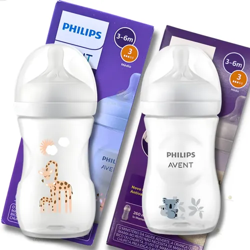 Kit 2 Mamadeiras Philips Avent Pétala 3.0 260ml Bico N°3 Transparente Girafa/coala