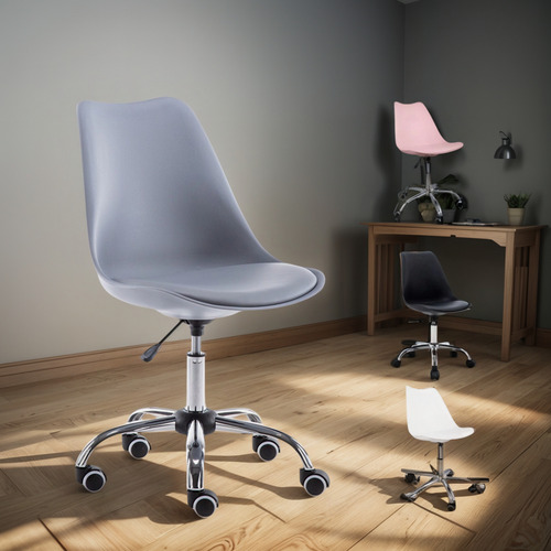 Silla De Oficina Acolchonada Eames Tulip Con Ruedas Cómoda Gris Claro Piel Sintética