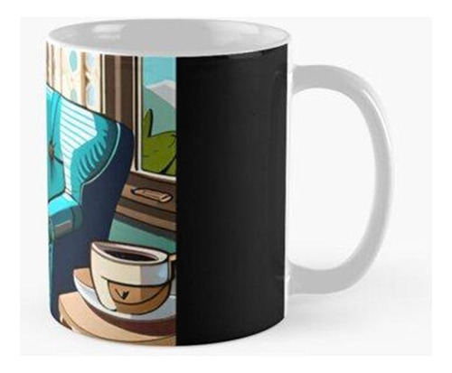 Taza Un Gato Está Sentado En El Sofá Leyendo Libros Con Una 