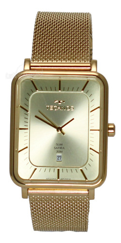 Relógio Technos Slim Masculino Com Caixa E Pulseira De Aço + Correia Dourado Bisel Dourado Fundo Dourado