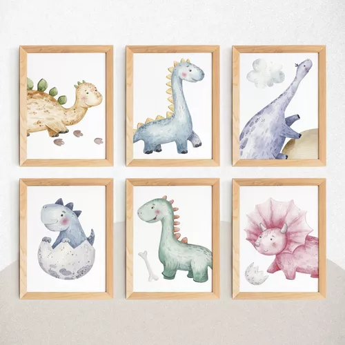 Kit com 3 Quadros Decorativo Dinossauros Baby Aquarela