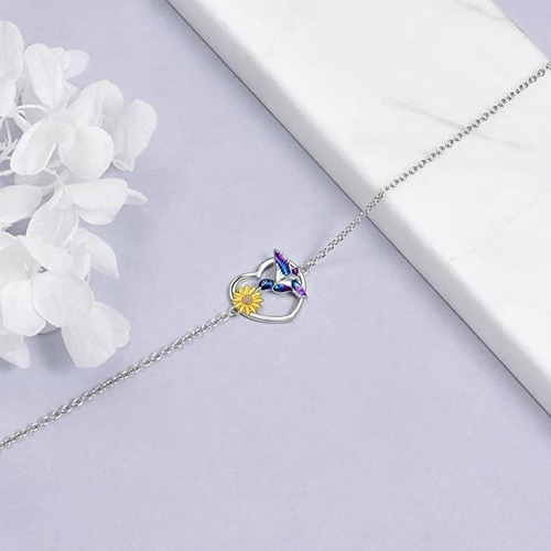 Imagen 4 de 7 de Pulsera Colibrí Corazon Girasol Plata Fina 925 Regalo Mujer