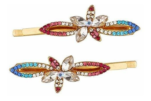 Horquillas - Set Of 2 Gold Flowers Blue Turquoise Pink Red M