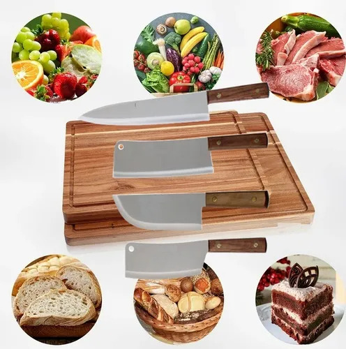 Cuchillos Profesionales Juego Set 4 Piezas Cocina Carnicero Taquero Filetero Pescado Sushero Estilo Japones 8, 10, 7, 7, Pulgadas Acero Inoxidable Mango Madera Yesh Market Modelo 5115