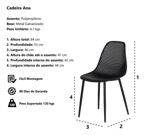 Imagem 2 de 6 de Kit 4 Cadeiras Ana Base Metal Galvanizado Preta Sala Cozinha