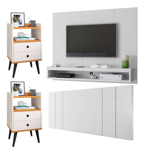 Kit 2 Mesa Cabeceira 1.4 Painel Prateleira Tv 50 Pol Quarto Cor Branco | Off/cinamomo