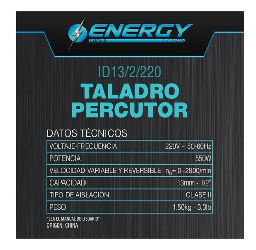 Imagen 2 de 5 de Taladro Percutor 13mm Reversible Vel. Variable 550 W Energy