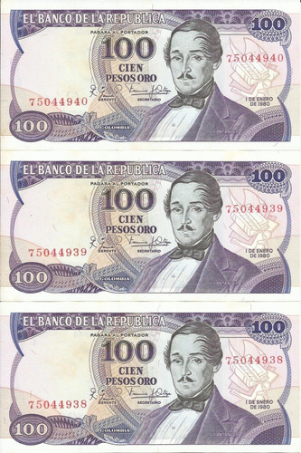 Colombia Trío Números Consecutivos, 100 Pesos 1 Enero 1980