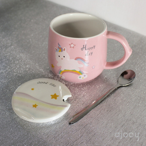 Ajooy Taza Cerámica Rosa Con Tapa Cuchara Unicornio Arcoíris