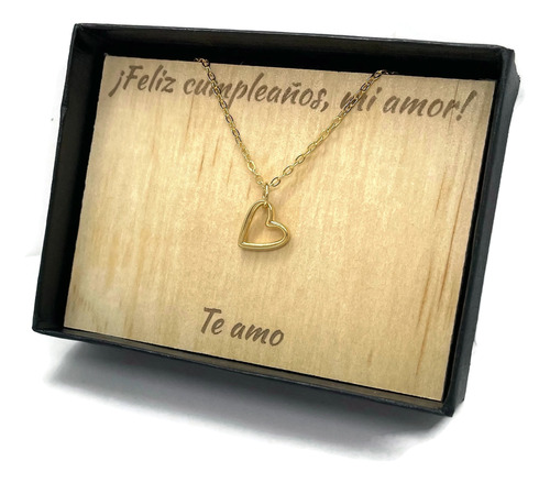 Collar Corazón + Mensaje Grabado En Madera Chapa De Oro 22k