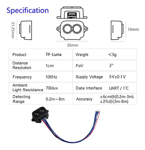 Sensor Telémetro Lidar Wishiot Tf-luna De 0,2 M A 8 M Con Un