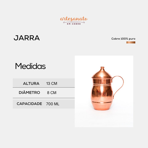 Jarra De Cobre Puro 700ml Para Uso Benefícios Do Cobre