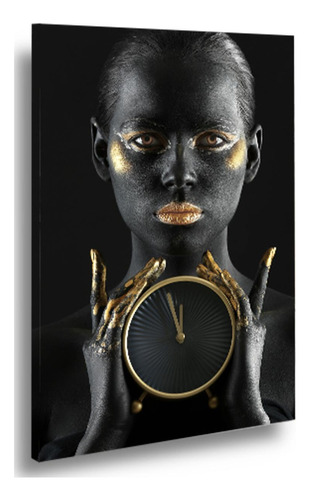Quadro Decorativo Sala Mulher Negra Dourado Relógio Grande