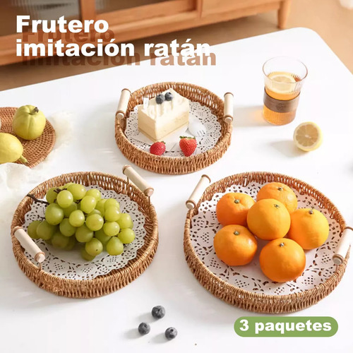 3pcs Canasta Ratán Mimbre Redonda Cestas Pan Bandeja Con Asa