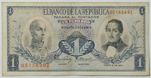 Billete 1 Peso 02/ene/1963 Colombia Vf