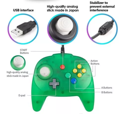 Controle Nintendo 64 Usb Com Fio Para Pc Mac Raspyberry Cinza em